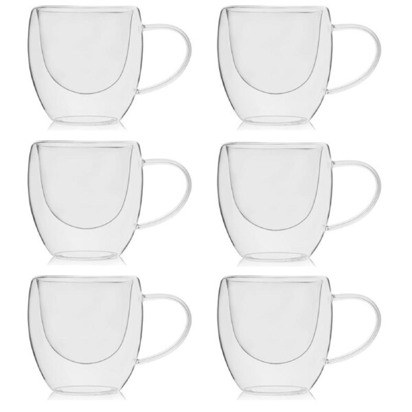 Set of 6 Double Wall Glass Coffee Cups 200ml Insulated Tea Mugs with Handle for Hot Cold Drinks, Clear Heat Resistant