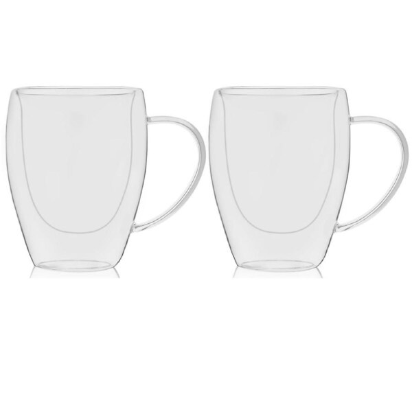 Set of 2 Double Wall Glass Coffee Mugs 250ml Insulated Tea Latte Cups with Handle for Hot Cold Drinks, Clear Heat Resistant