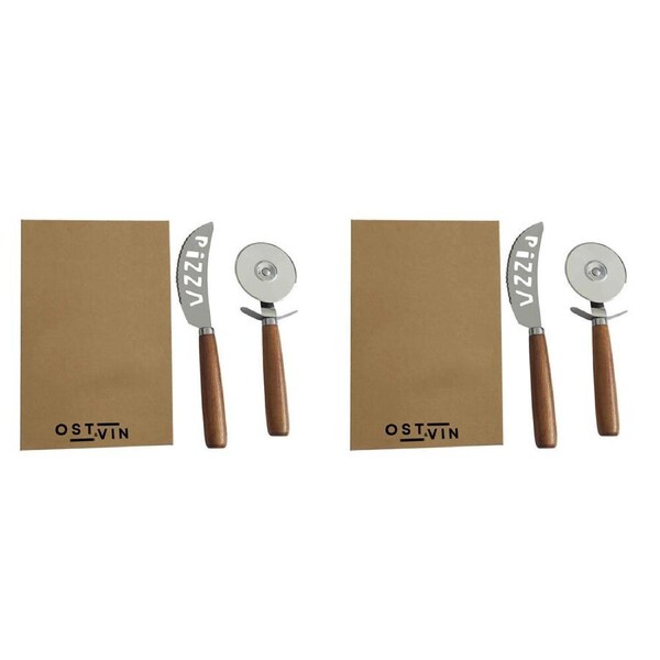 2x 2pc Ost & Vin Pizza Giftset 26x17 Cutter Set Acacia Wood Kitchenware Brown