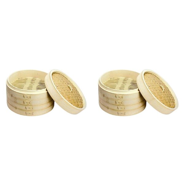 2x 2pc NF Living Bamboo Steamers 15cm Two-Tier Design Kitchenware Natural