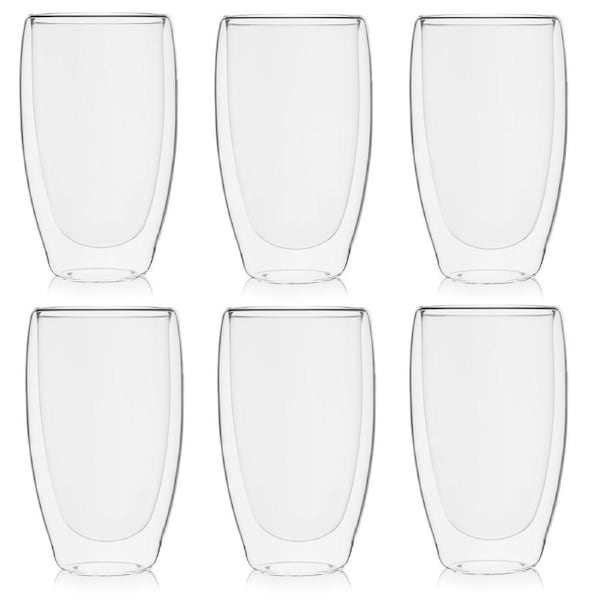 Set of 6 Double Wall Insulated Glass Coffee Cups 450ml Heat Resistant Tea Espresso Latte Mugs for Home Office Cafe Use