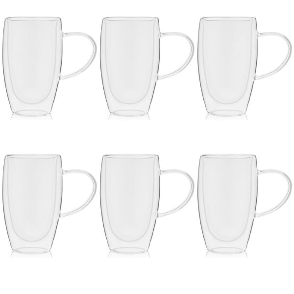 Set of 6 Double Wall Glass Coffee Mugs 450ml Insulated Latte Tea Cups with Handle for Home Office Cafe Use
