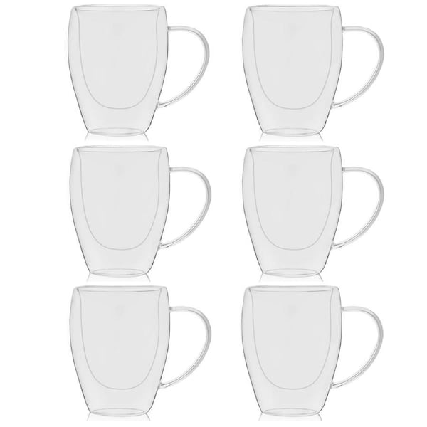 Set of 6 Double Wall Glass Coffee Mugs 250ml Insulated Tea Latte Cups with Handle for Hot Cold Drinks, Clear Heat Resistant