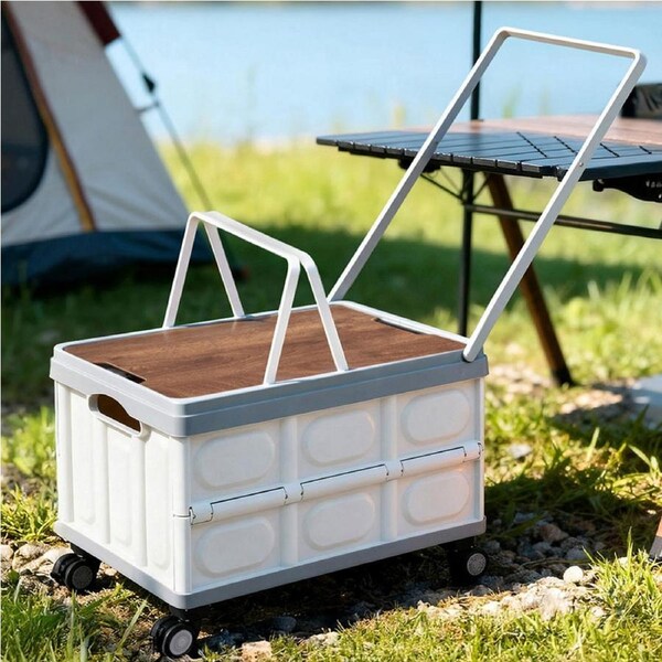 Gardeon Collapsible Outdoor Storage Box 54L Wheels Camping Organizer Wheels Plywood Lid Beige