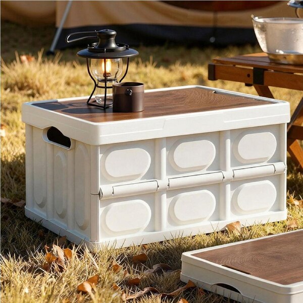 Gardeon Collapsible Outdoor Storage Box 50L Stackable Folding Camping Organizer Plywood Lid Beige