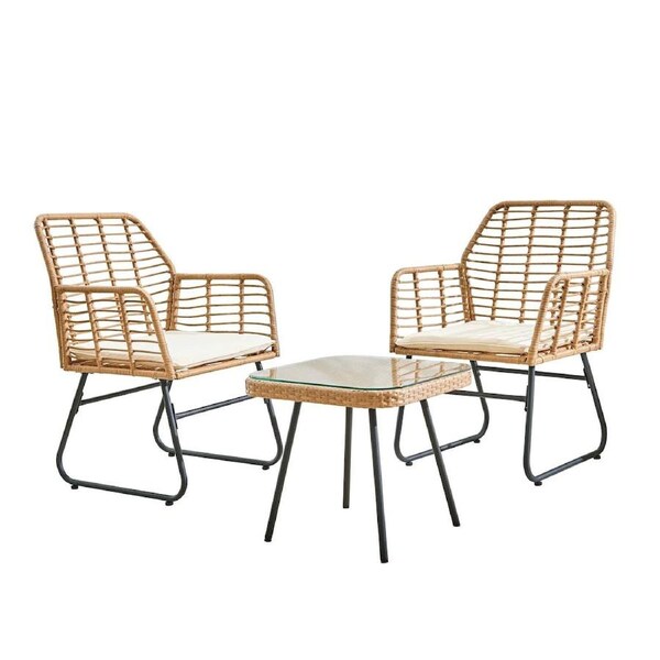 3 Piece Outdoor Table and Chairs Wicker Glass Coffee Garden Patio Furniture Lounge Set -Light Wood & Beige