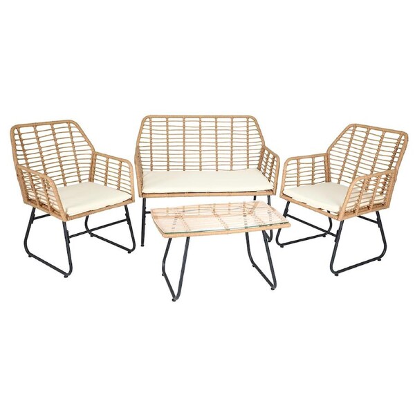 4PCS Outdoor Furniture Lounge Sofa Set Rattan Wicker Chair Table Garden Patio Balcony Light Wood & Beige