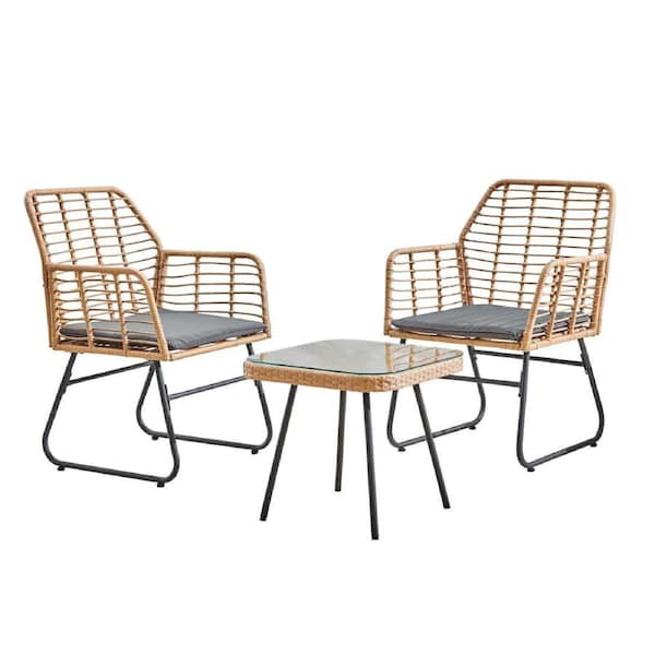 3 Pcs Outdoor Table and Chairs Dining Set Garden Patio Lounge Setting Bistro Rattan Light Wood & Grey