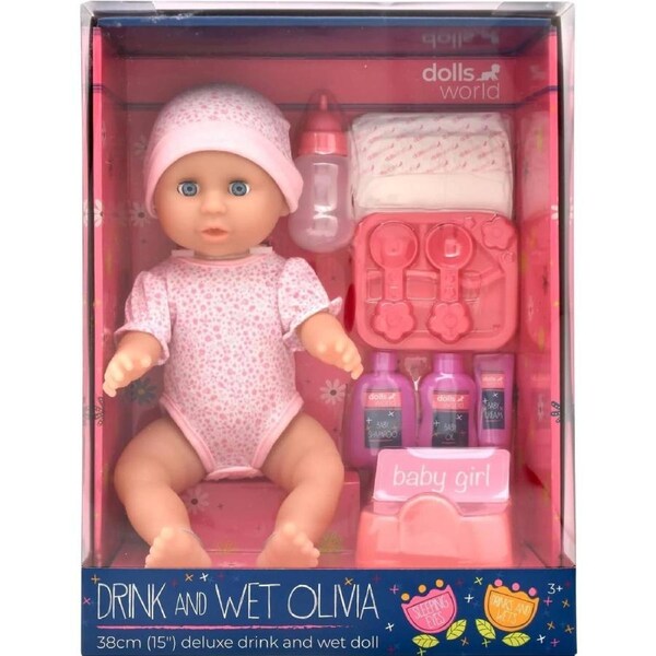 Dolls World - Deluxe Drink and Wet Doll Olivia & Accessories 38cm