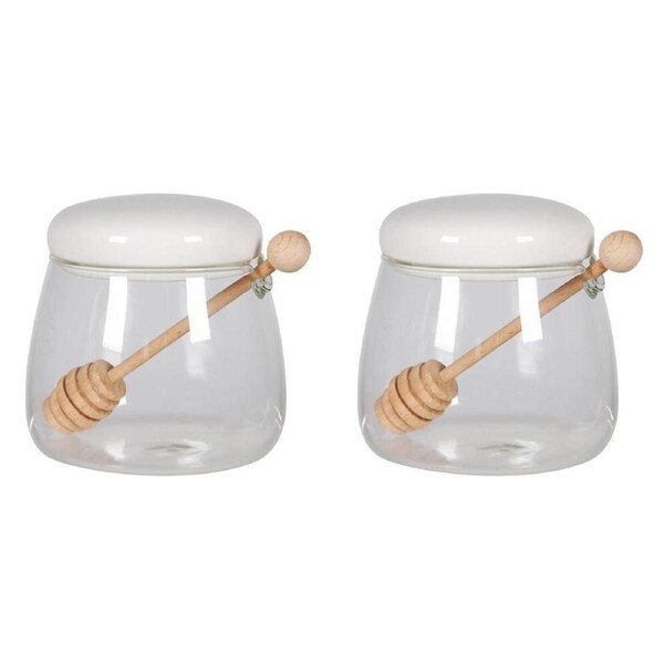 2PK NF Living Honey Jar 350ml 9x9cm Glass Ceramic Kitchen Organisers White