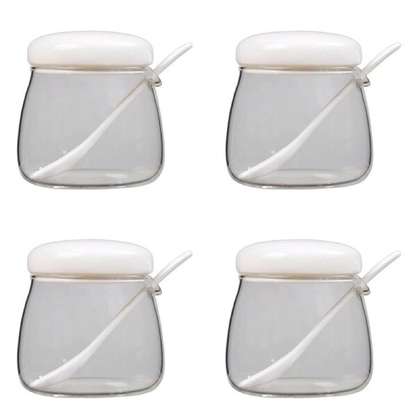 4PK NF Living Condiments Jar 350ml 9x9cm Glass Kitchen Ceramic Organisers White