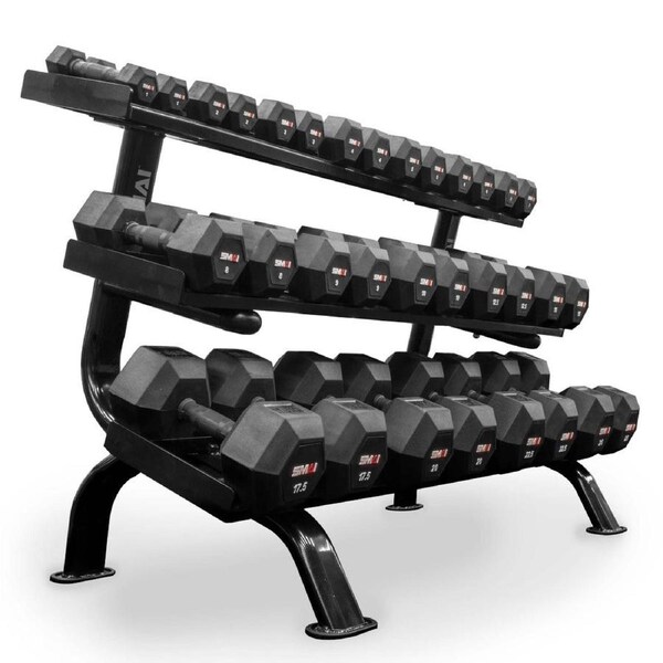 Rubber Hex Dumbbell Set 1-25kg (Pairs) with 3 Tier Rack Commercial Grade