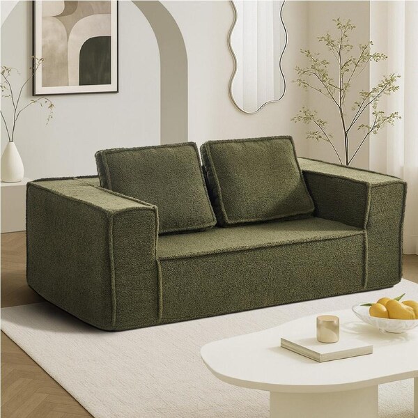 Oikiture 2-Seater Compressed Sofa in a Box Couch Deep Seat Boucle Green 2 Pillows Chair