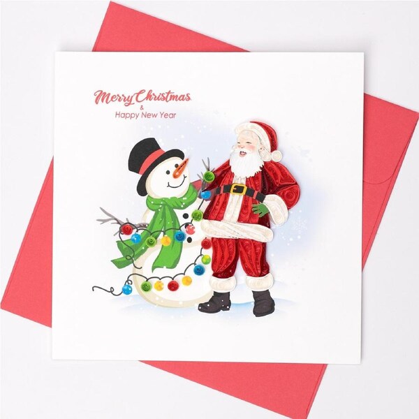 Boyle Handmade Paper Quilled 15x15cm Celebration Greeting Card Santa and Snowman