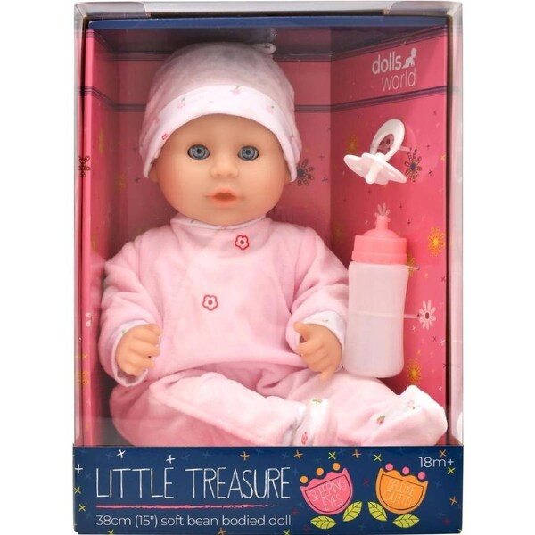 DollsWorld - Little Treasure Baby Doll & Accessories Pink Outfit - Soft Bean Bodied Doll 38cm