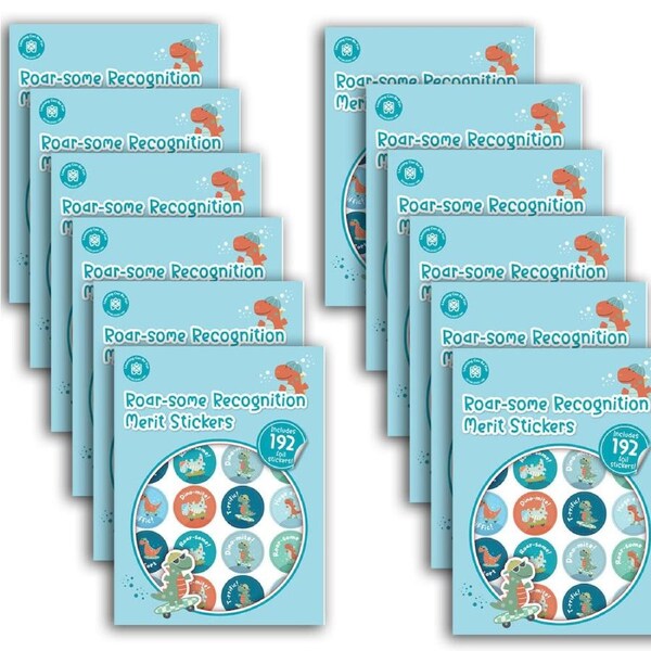 12x 192pc Learning Can Be Fun Roar-some Recognition Merit Sticker Book 28mm