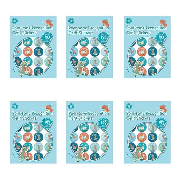 6x 192pc Learning Can Be Fun Roar-some Recognition Merit Sticker Book 28mm
