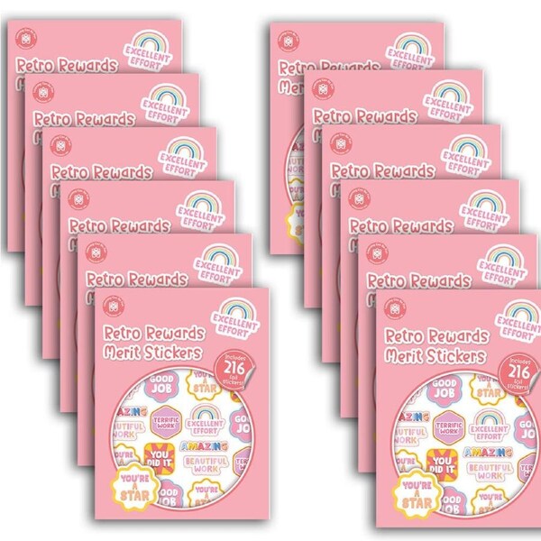 12x 216pc Learning Can Be Fun Retro Rewards Merit Sticker Book Multicoloured