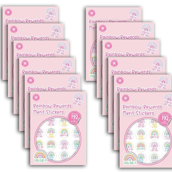 12x 192pc Learning Can Be Fun Rainbow Rewards Merit Sticker Book 28mm