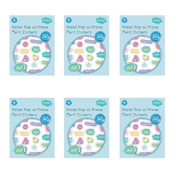 6x 240pc Learning Can Be Fun Pop of Praise Pastel Merit Sticker Book Multi