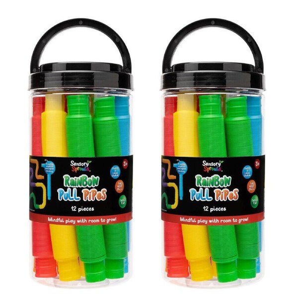 2x 12pc Sensory Sprouts Rainbow Pull Pipes Jar Kids Toy Multicoloured