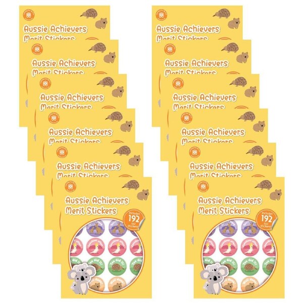 12x 192pc Learning Can Be Fun Aussie Achievers Merit Sticker Book 28mm