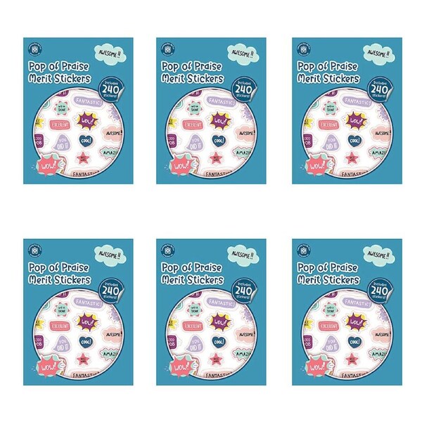 6x 240pc Learning Can Be Fun Pop of Praise Merit Sticker Book Multicoloured