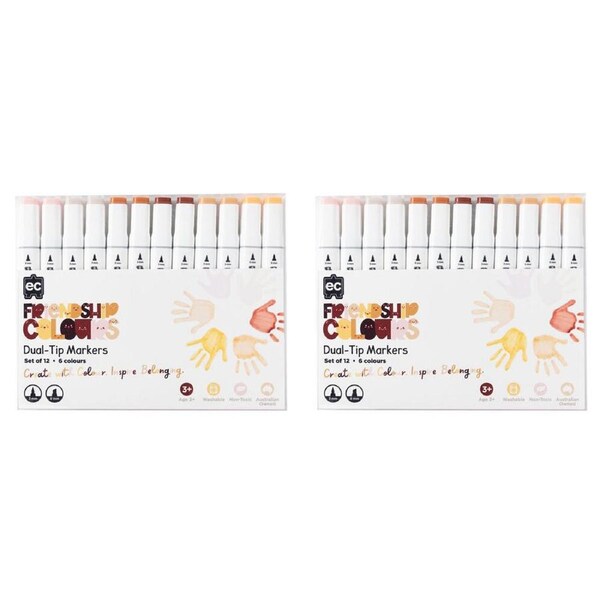 2x 12pc Educational Colours Friendship Colour Dual-Tip Markers Set Skin Tones