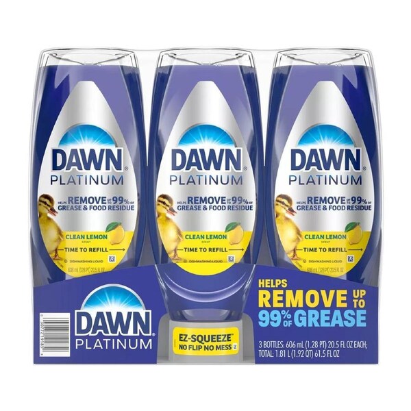 Dawn Platinum Dishwashing Liquid 3 x 606ml Easy Squeeze Bottles Lemon Scent