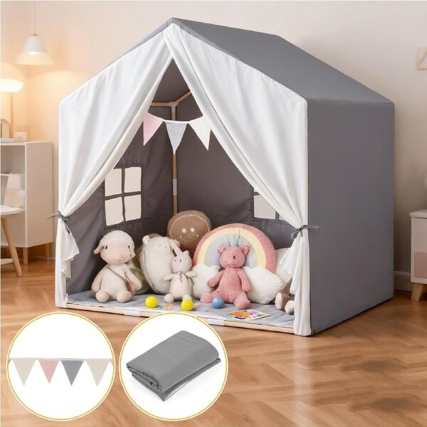 Costway Play Tent w/Washable Cotton Mat Curtains Solid Wood Frame & Windows Indoor Playhouse Castle Grey