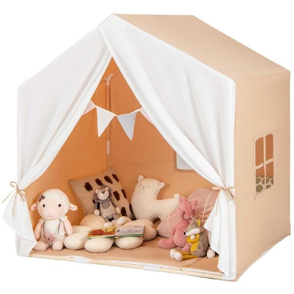 Costway Play Tent Castle Playhouse Bed Tent Solid Wood Frame w/Washable Cotton Mat Curtains & Windows Indoor Orange