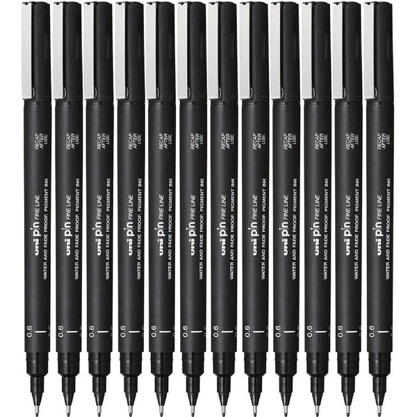 Uni-Ball 200 Pin Fineliner Fine Line Pen 0.6mm Black Box 12