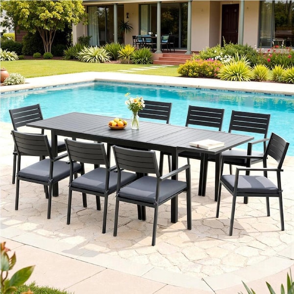 Outdoor Dining Set - 9-Piece Extendable Aluminum Table and Chairs with Grey Cushions