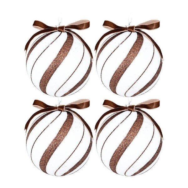 4x 10cm White Baubles With Brown Candy Swirl Glitter Lines & Bow