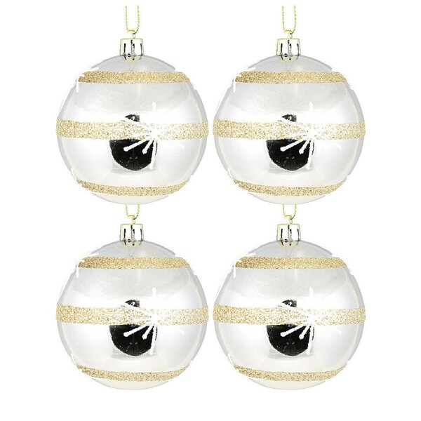 4x 80mm Shiny Champagne Baubles With Glitter Bands & White Stars