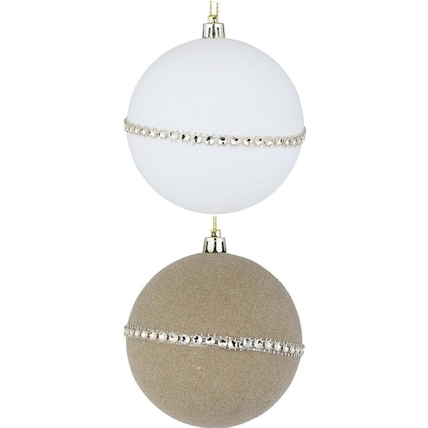 2x 95mm White & Coffee Flocked Baubles With Encrusted Diamantes