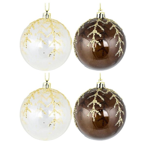 4x 80mm Brown & Clear Christmas Baubles Decorated With Glitter Snowflake