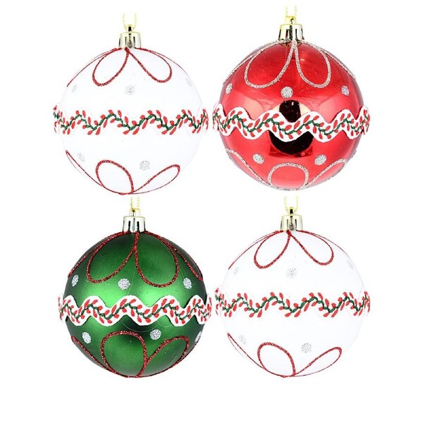 4x 80mm White, Green & Red Christmas Baubles With Lace & Glitter Patterns