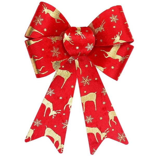 25cm Red Felt Christmas Bow With Metallic Gold Deer & Snowflake Print