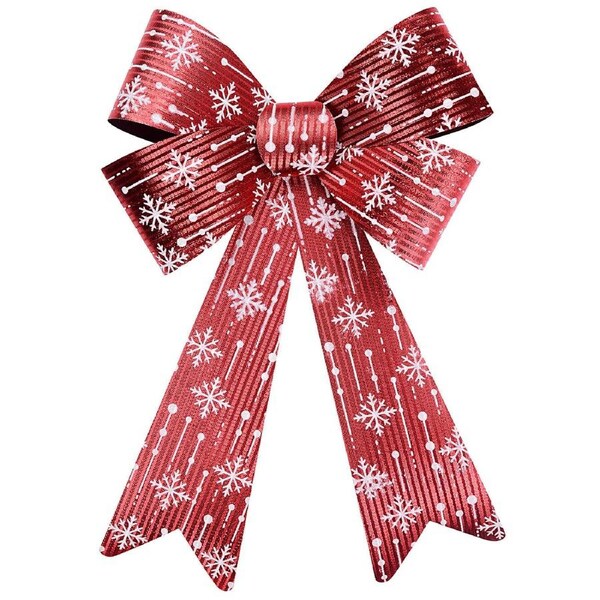 45cm Large Red Glitter Thread Stripe Christmas Bow With Snowflake Print