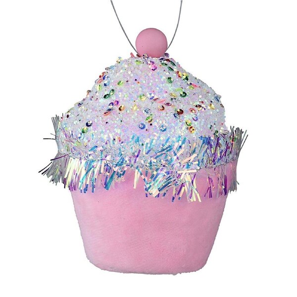 11cm Pink Cupcake With Sequin Icing & Tinsel Christmas Tree Ornament