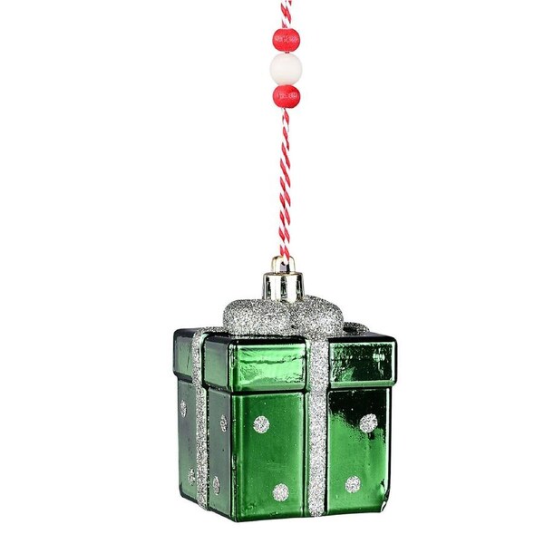60mm Green Gift Box With Silver Glitter Ribbon Christmas Tree Ornament