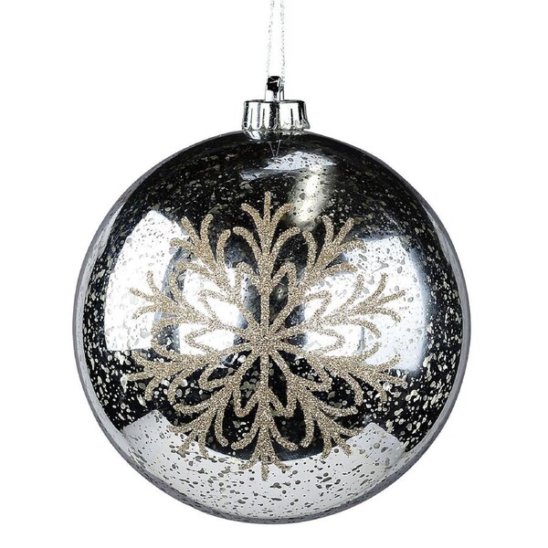 15cm Shiny Silver Mercury Finish Ball Bauble With Glitter Snowflakes