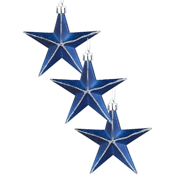 3x 90mm Midnight Blue Christmas Star Baubles With Silver Glitter