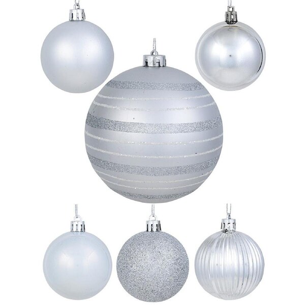 32x 60mm & 15cm Silver Matte, Shiny, Pearl & Glitter Christmas Baubles