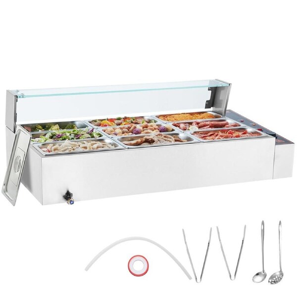 9-Pan Commercial Food Warmer, 9 x 5QT Electric Steam Table with Glass Cover, 1500W Countertop Stainless Steel Buffet Bain Marie, Adjustable Temperature 86-185 degF for Catering and Restaurants