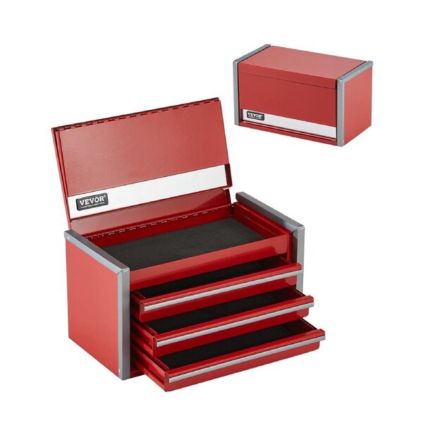 8.6-Inch Portable Metal Tool Box with 3 Drawers, Small Tool Chest with EVA Liners, PP Feet Pads, Heavy-Duty Steel, Ball Bearing Opening, Powder Coated Finish, Red