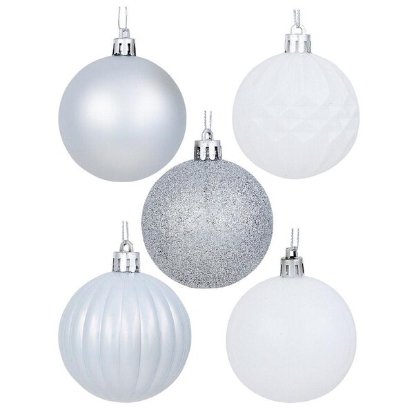 35x 60mm Silver Pearl, Matte, Glitter & Matte White Christmas Baubles