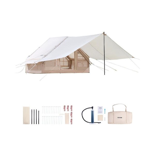 Inflatable Camping Tent for 3-5 Persons, 4 Season Blow Up Glamping Tent with Canopy, Hand Pump, Stove Jack, 2 Doors, 2 Mesh Windows, and Storage Bag