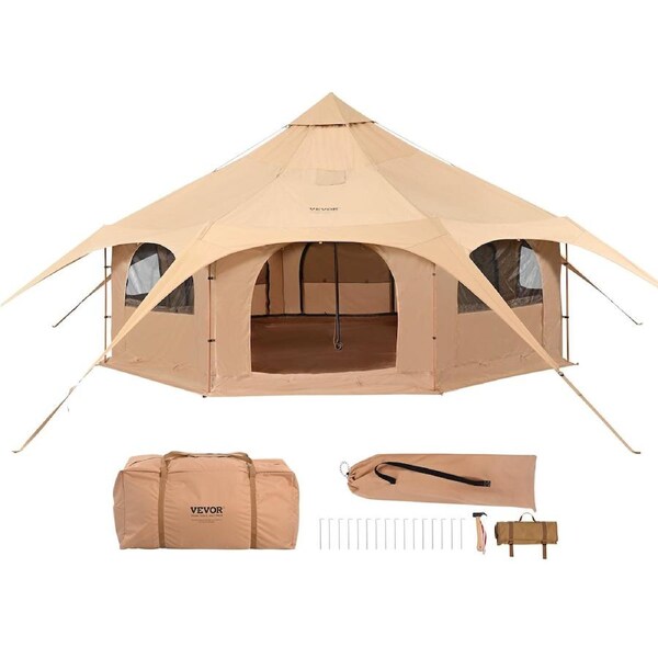 Canvas Bell Tent 5 m / 16.4 ft 4 Season Yurt Tent with Stove Jack, Waterproof Breathable Cotton Canvas Tent for Camping, Hunting, Outdoor Party, Fits 8 People